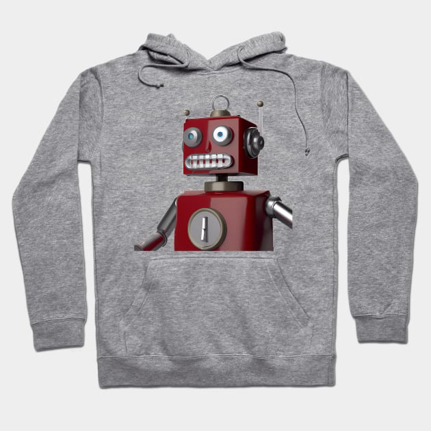 Red wide-eyed robot with grin Hoodie by The Universal Saint